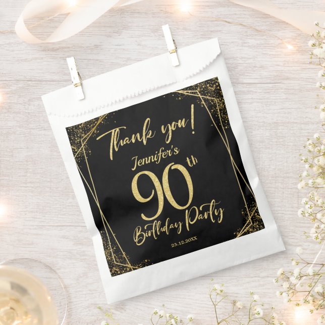 Surprise 90th Birthday Party Black & Gold Glitter Favour Bag (Clipped)