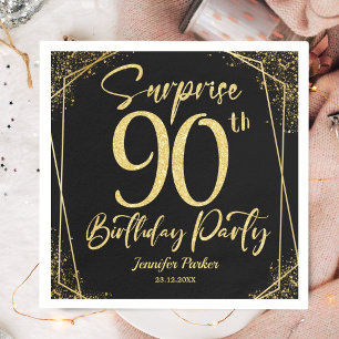 Surprise 90th Birthday Party Black & Gold Glitter Napkin