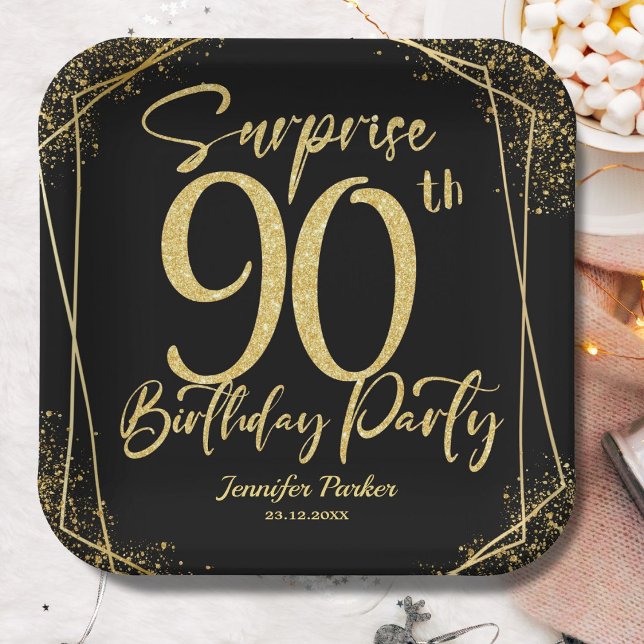 Surprise 90th Birthday Party Black & Gold Glitter Paper Plate (Creator Uploaded)