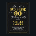Surprise 90th Birthday Party - Black Gold Invitation<br><div class="desc">Surprise 90th Birthday Party Invitation.
Simple classy design in black,  gold and white. Features stylish script font. Surprise bday celebration for man or woman. Can be customised into any age!</div>