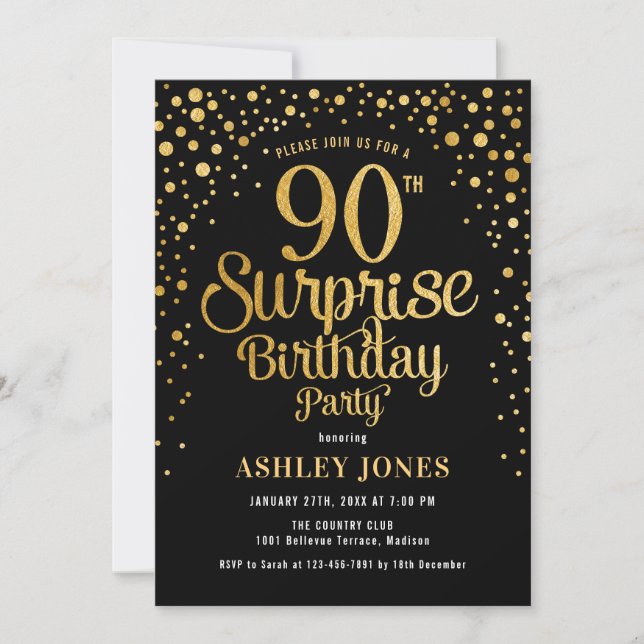 Surprise 90th Birthday Party - Black & Gold Invitation (Front)