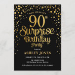 Surprise 90th Birthday Party - Black & Gold Invitation<br><div class="desc">Surprise 90th Birthday Party Invitation.
Elegant design in black and faux glitter gold. Features stylish script font and confetti. Message me if you need custom age.</div>