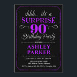 Surprise 90th Birthday Party - Black Purple Invitation<br><div class="desc">Surprise 90th Birthday Party Invitation.
Simple classy design in black,  purple and white. Features stylish script font. Surprise bday celebration for man or woman. Can be customized into any age!</div>