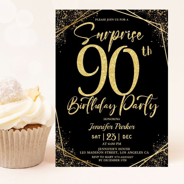 Surprise 90th Birthday Party Chic Black & Gold  Invitation (Creator Uploaded)