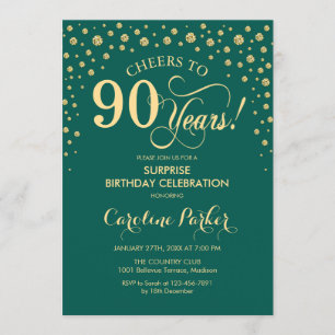 Surprise 90th Birthday Party - Emerald Green Gold Invitation