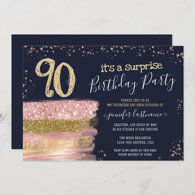 Surprise 90th Birthday Party Glitter Cake Invitation (Front/Back)