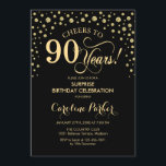 Surprise 90th Birthday Party - Gold Black Invitation<br><div class="desc">Surprise 90th Birthday Party Invitation.
Elegant design in black and faux glitter gold . Features script font and diamonds confetti. Cheers to 90 Years! Message me if you need further customization.</div>