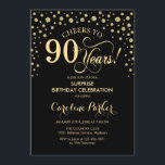 Surprise 90th Birthday Party - Gold Black Invitation<br><div class="desc">Surprise 90th Birthday Party Invitation.
Elegant design in black and faux glitter gold . Features script font and diamonds confetti. Cheers to 90 Years! Message me if you need further customization.</div>