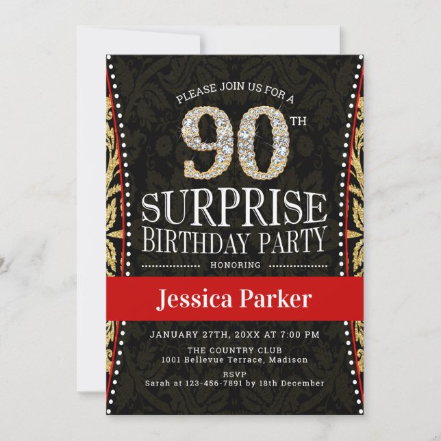 Surprise 90th Birthday Party - Gold Black Red Invitation (Front)