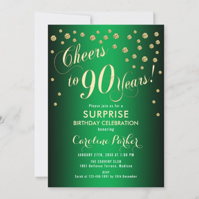 Surprise 90th Birthday Party - Gold Green Invitation (Front)