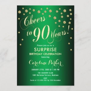 Surprise 90th Birthday Party - Gold Green Invitation