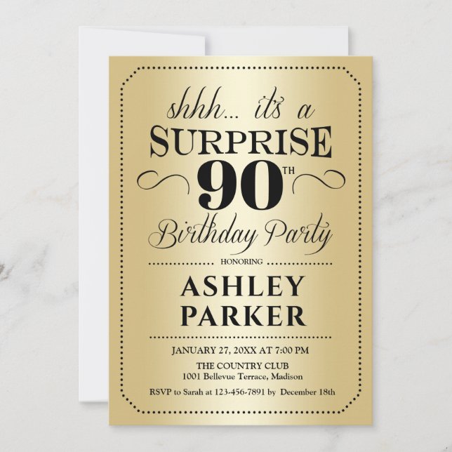 Surprise 90th Birthday Party - Gold Invitation (Front)
