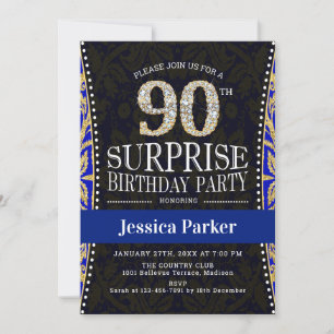Surprise 90th Birthday Party - Gold Navy Blue Invitation