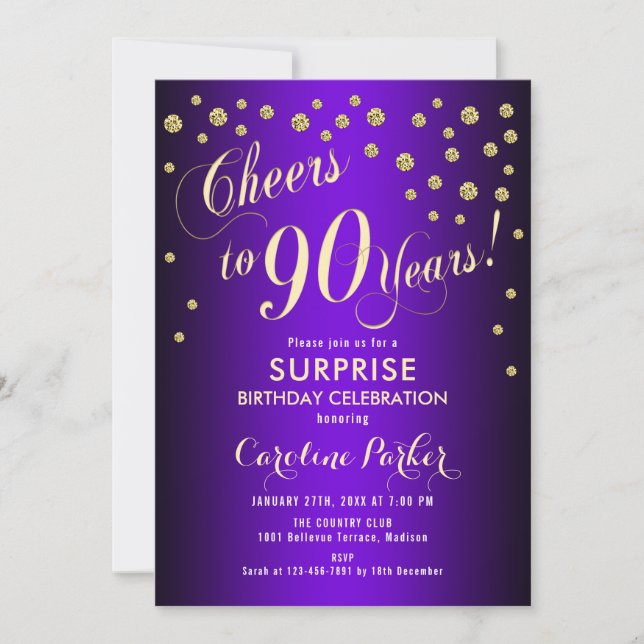 Surprise 90th Birthday Party - Gold Purple Invitation (Front)