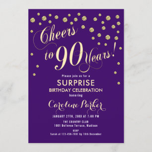 Surprise 90th Birthday Party - Gold Purple Invitation