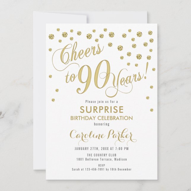 Surprise 90th Birthday Party - Gold White Invitation (Front)
