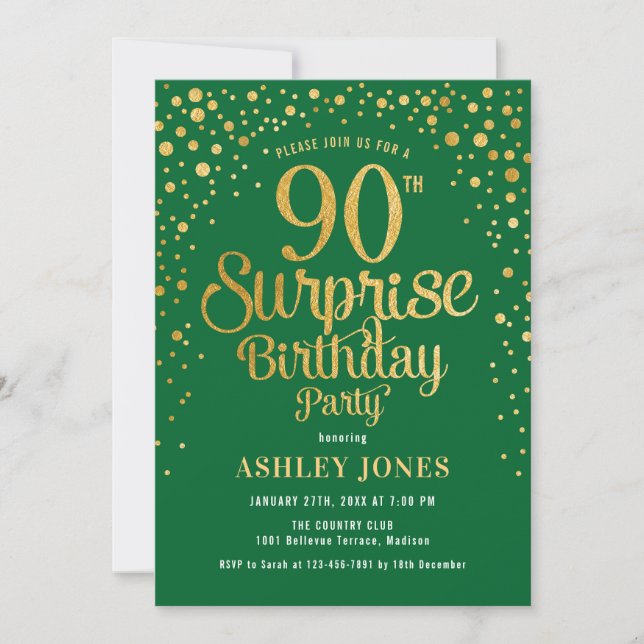 Surprise 90th Birthday Party - Green & Gold Invitation (Front)