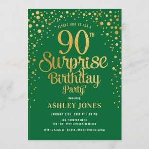 Surprise 90th Birthday Party - Green & Gold Invitation