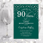 Surprise 90th Birthday Party - Green Silver Invitation<br><div class="desc">Surprise 90th Birthday Party Invitation.
Elegant design in emerald green and faux glitter silver. Features script font and diamonds confetti. Cheers to 90 Years! Message me if you need further customization.</div>