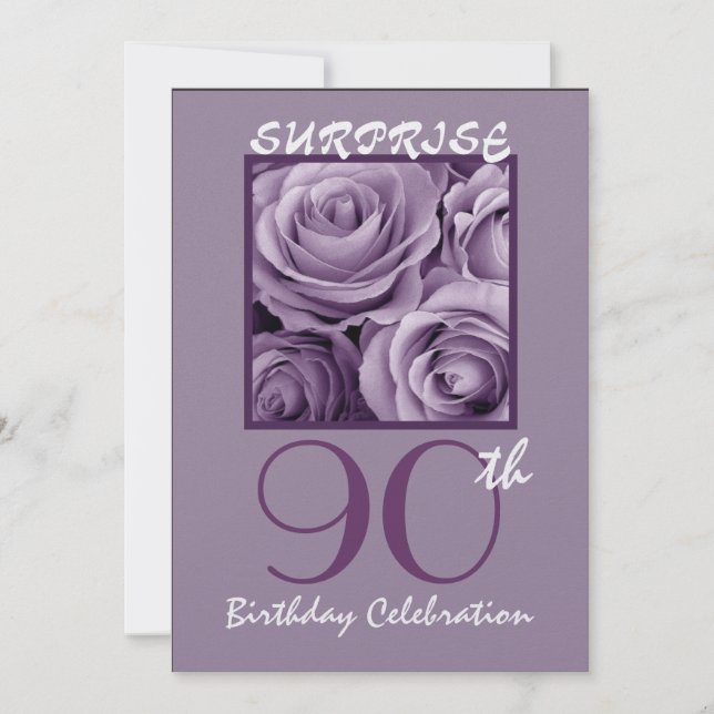 SURPRISE 90th Birthday Party Invite Purple Roses (Front)