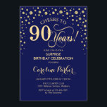 Surprise 90th Birthday Party - Navy Blue Gold Invitation<br><div class="desc">Surprise 90th Birthday Party Invitation.
Elegant design in navy blue and faux glitter gold. Features script font and diamonds confetti. Cheers to 90 Years! Message me if you need further customization.</div>