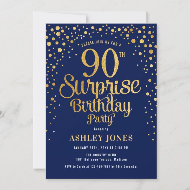 Surprise 90th Birthday Party - Navy & Gold Invitation (Front)