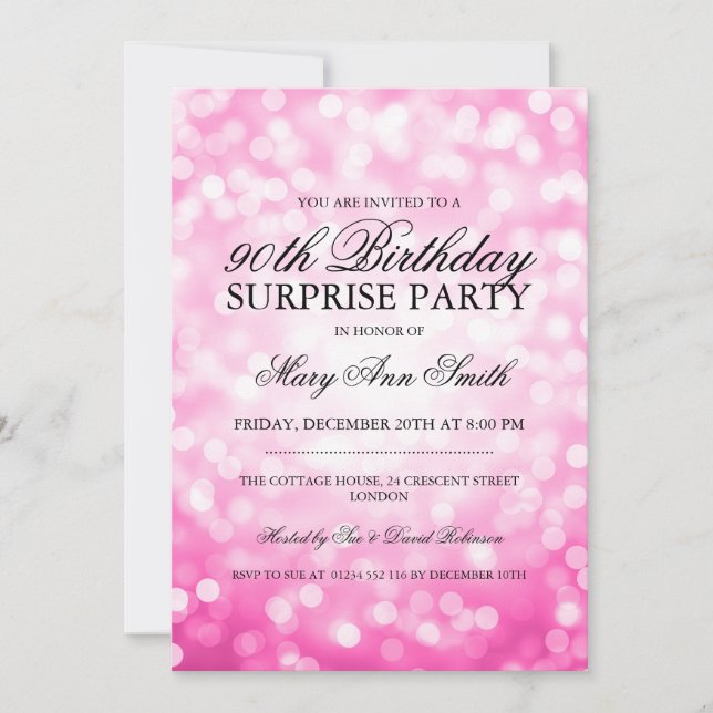 Surprise 90th Birthday Party Pink Glitter Lights Invitation (Front)