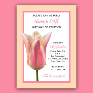 Surprise 90th Birthday Party Pink Tulip Invitation