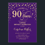 Surprise 90th Birthday Party - Purple Gold Invitation<br><div class="desc">Surprise 90th Birthday Party Invitation.
Elegant design in royal purple and faux glitter gold . Features script font and diamonds confetti. Cheers to 90 Years! Message me if you need further customization.</div>