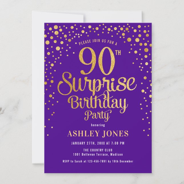 Surprise 90th Birthday Party - Purple & Gold Invitation (Front)