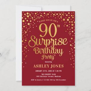 Surprise 90th Birthday Party - Red & Gold Invitation