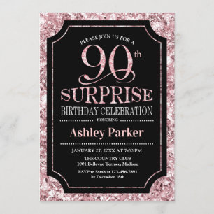 Surprise 90th Birthday Party - Rose Gold Black Invitation