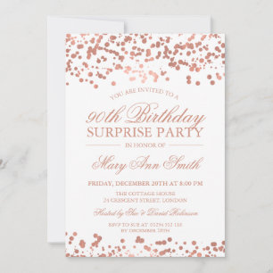 Surprise 90th Birthday Party Rose Gold Foil Invitation