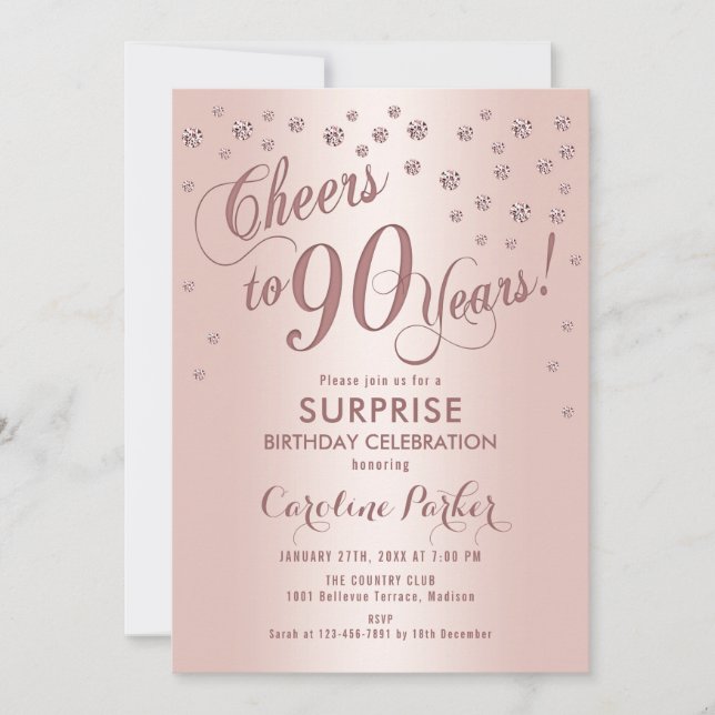 Surprise 90th Birthday Party - Rose Gold Invitation (Front)