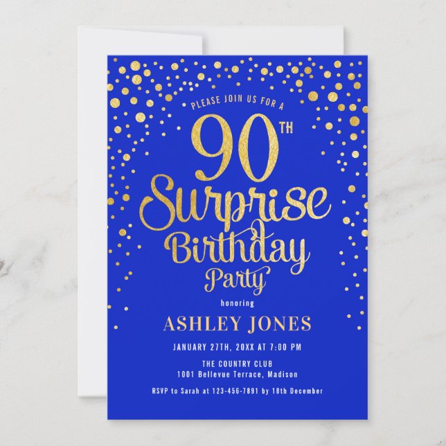 Surprise 90th Birthday Party - Royal Blue & Gold Invitation (Front)