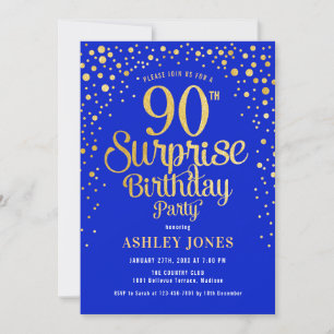 Surprise 90th Birthday Party - Royal Blue & Gold Invitation
