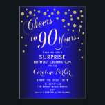 Surprise 90th Birthday Party - Royal Blue Gold Invitation<br><div class="desc">Surprise 90th Birthday Party Invitation
Elegant design in royal blue with faux glitter gold. Features script font and confetti. Cheers to 90 Years! Message me if you need a custom age.</div>