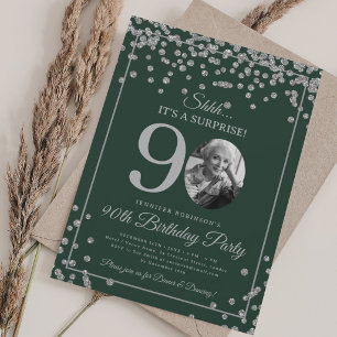 SURPRISE 90th Birthday Party Silver Confetti Green Invitation
