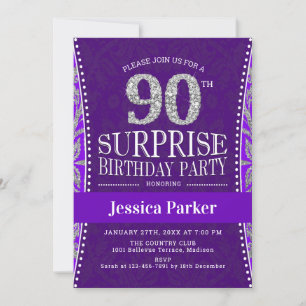 Surprise 90th Birthday Party - Silver Purple Invitation