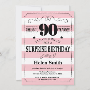 Surprise 90th Birthday Pink and White Stripes Invitation
