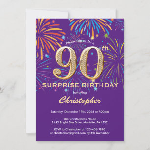 Surprise 90th Birthday Purple and Gold Firework Invitation