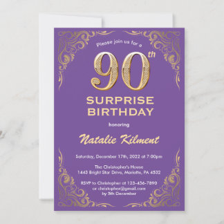Surprise 90th Birthday Purple and Gold Glitter Invitation