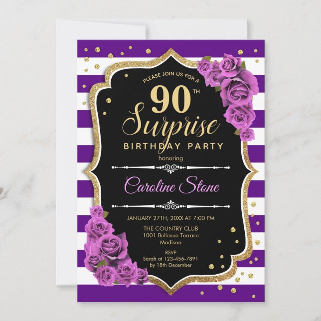 Surprise 90th Birthday - Purple Gold Invitation (Front)
