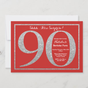 Surprise 90th Birthday Red and Silver Glitter Invitation