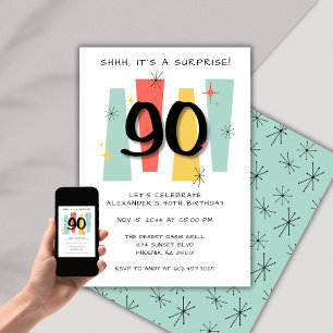 Surprise 90th Birthday Retro Midcentury Modern Invitation