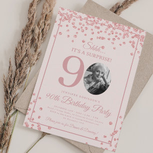 SURPRISE 90th Birthday Rose Gold Confetti Blush  Invitation