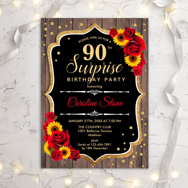 Surprise 90th Birthday - Rustic Sunflowers Invitation (Creator Uploaded)