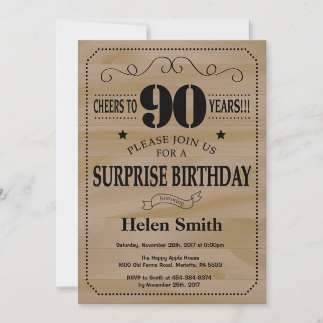 Surprise 90th Birthday Rustic Wood Invitation (Front)
