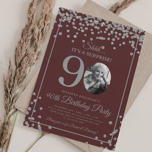 SURPRISE 90th Birthday Silver Confetti Burgundy  Invitation