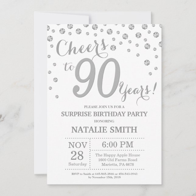 Surprise 90th Birthday Silver Glitter Diamond Invitation (Front)